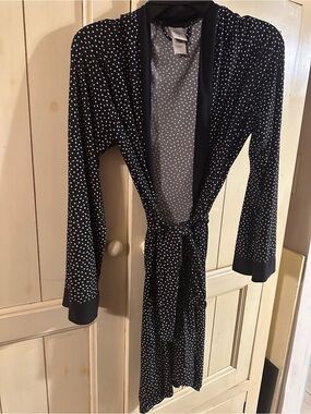 Polka Dot Long Sleeve Robe with Satin Trim - Black/White